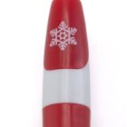 A close-up of a red pen with a white cap. The pen features a snowflake design near the top, set against a contrasting white band. The overall aesthetic is minimalistic.