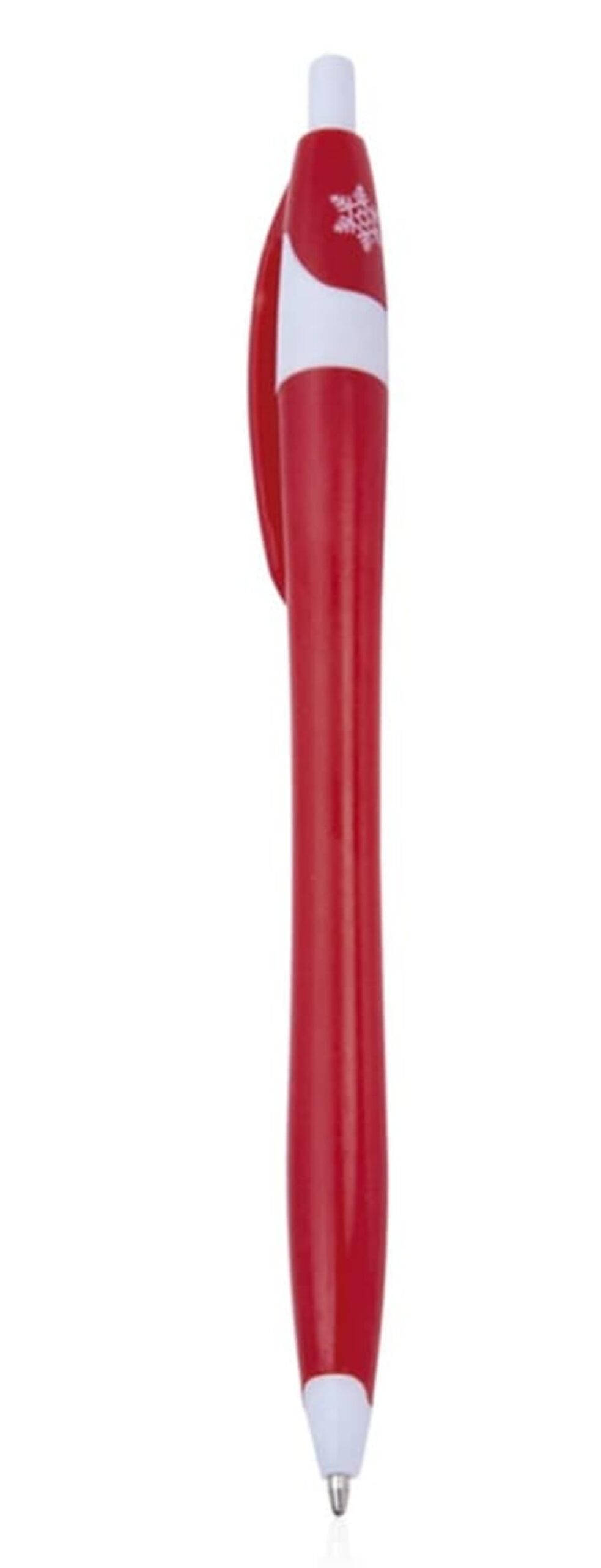 A red and white ballpoint pen with a contoured design and click mechanism. The pen features a white clip and a small snowflake emblem near the top. The tip is extended, ready for writing.