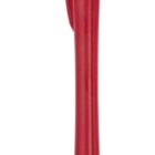 A red and white ballpoint pen with a curvy design. The pen has a white clip and a visible metal tip. The body and clicker part are red, and theres a white design near the top section.