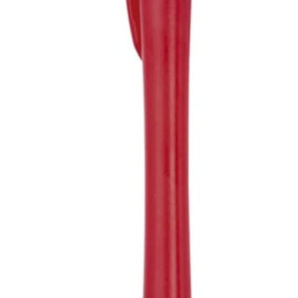 A red and white ballpoint pen with a curvy design. The pen has a white clip and a visible metal tip. The body and clicker part are red, and theres a white design near the top section.
