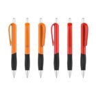 Six ballpoint pens in two colors are shown vertically. The first three pens have orange clips, while the last three have red clips. All pens feature a black grip and a silver tip, arranged in alternating color order on a white background.
