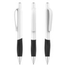 Three retractable ballpoint pens with black grips and white bodies are shown against a plain background. Each pen features a clip on the side and a silver tip.