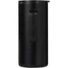 Black insulated travel mug with a handle, shown against a white background.