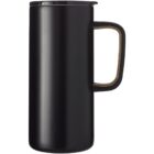 Black travel mug with a handle and a lid, shown on a white background.