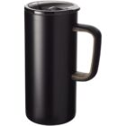Black travel mug with a handle and a clear lid, standing upright on a white background.