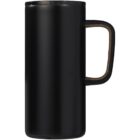A tall, black travel mug with a handle and a closed lid, shown on a white background.