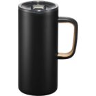 Black travel mug with a handle and a clear lid, shown against a white background.