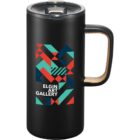 Black travel mug with geometric colorful design and Elgin Art Gallery text on the front.