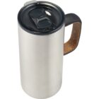 Stainless steel travel mug with black lid and black handle, viewed from above.