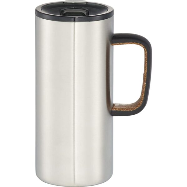 A stainless steel travel mug with a black handle and a black lid.