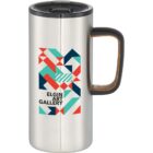 Stainless steel travel mug with geometric design and Elgin Art Gallery text on the front.