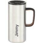 Silver travel mug with black lid, black handle, and the name Jimmy written vertically.