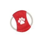 Red dog toy with rope edges, featuring a white paw print in the center. The design allows for easy gripping by pets during play.