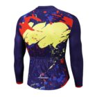 Colorful long-sleeve cycling jersey with abstract red, yellow, and blue splatter design on a dark blue background. The back features three pockets.