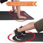 Exercise mat with red circles highlighting hands and feet in plank position. Text highlights the mats anti-slip feature and professional material for a good grip.