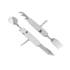 A multi-functional silver tool with detachable parts, featuring a spoon, fork, knife, corkscrew, and bottle opener, laid out on a white background.
