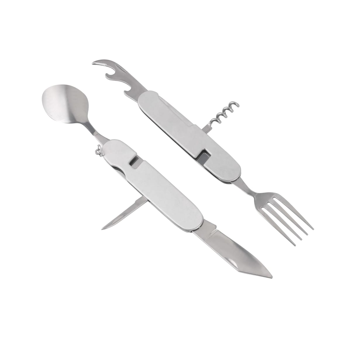 A multi-functional silver tool with detachable parts, featuring a spoon, fork, knife, corkscrew, and bottle opener, laid out on a white background.