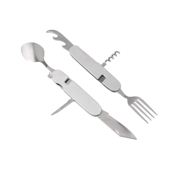 A multi-tool featuring a spoon, fork, knife, can opener, and corkscrew. It is shown unfolded against a plain white background. The tools handles have a metallic finish, displaying functional versatility for camping or outdoor use.