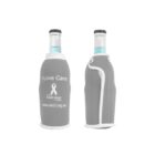 Two beer bottles in gray koozies with a white breast cancer awareness ribbon and text I Love Cans and www.sbcf.org.au. The koozies have a white zipper and trim, displayed against a plain white background.
