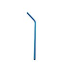 A single blue metal reusable straw with a slight bend near the top, isolated on a white background.