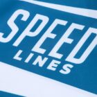 Close-up of a blue fabric with diagonal white stripes and the words SPEED LINES in bold, white letters.