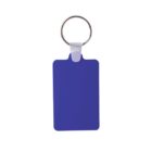 A blue rectangular key fob attached to a silver keyring.