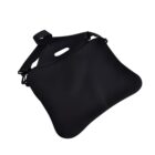 A black laptop bag with a simple, slim design and a carry handle. It features an adjustable shoulder strap and a zippered closure at the top. The bag has a minimalist appearance, suitable for carrying a laptop or documents.
