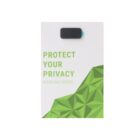 A webcam cover packaging with the text PROTECT YOUR PRIVACY in green. The packaging features a geometric green pattern on the bottom right and includes a black webcam cover attached to the top.