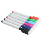 Eight colorful whiteboard markers with erasers, arranged in a row.