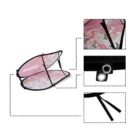 Collapsible pink mesh laundry basket with black frame. Close-up views show a metal grommet, black ties, and mesh fabric with unicorn print. Dotted lines connect each detail to the main image.