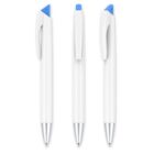 Three white pens with blue click tops, positioned vertically. They have silver tips and white clips on their sides.