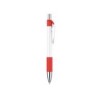 Red and white ballpoint pen with a silver clip and tip, isolated on a white background.