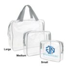 Three clear zippered bags in large, medium, and small sizes, with gray accents.