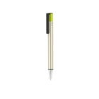 A sleek metallic pen with a green and black clip, isolated on a plain white background.