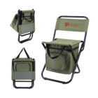 Collapsible green camping chair with attached cooler bag displayed in multiple angles. The chair features a black metal frame and a logo on the backrest. The cooler has a front zipper pocket and carrying straps.