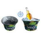 Two tropical coolers, one filled with ice and a beer bottle, the other empty.