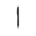 A black ballpoint pen with a retractable tip and a clip, isolated on a white background.