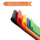 A set of looped resistance bands in black, red, yellow, blue, and green, arranged in a fan shape. A label reads Quality TPE material, durable for a range of exercises.