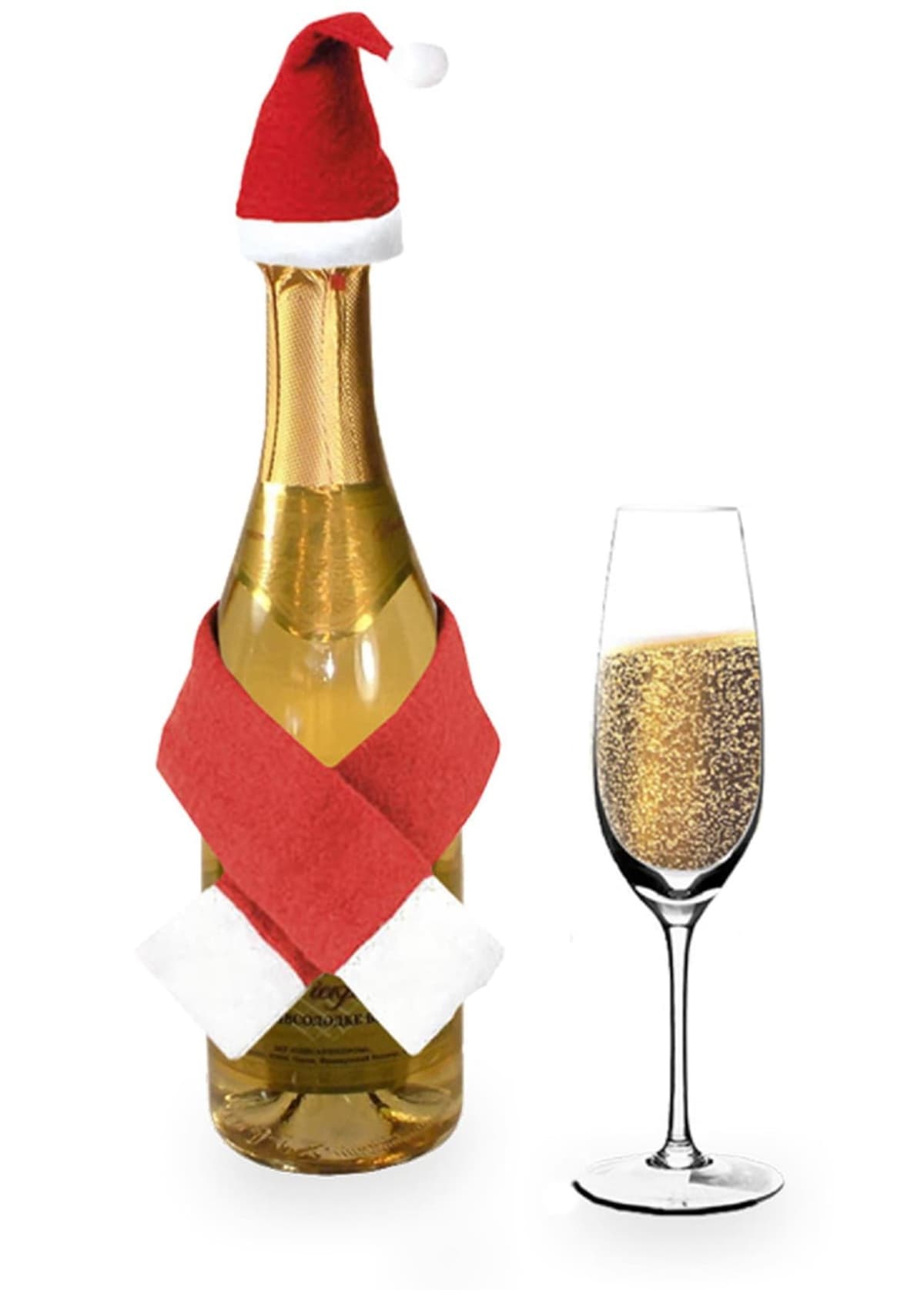 A champagne bottle dressed with a red Santa hat and a red scarf topped with white cuffs. Next to it, a filled champagne flute with bubbly liquid. Both are set against a plain white background.