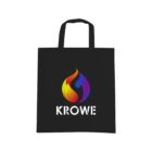 A black tote bag featuring a colorful flame logo above the word KROWE in bold, white letters. The flame is a gradient of yellow, red, blue, and purple. The bag has two parallel handles at the top.