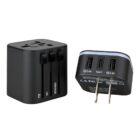 A universal travel adapter set featuring two black devices. One shows sliding region selectors labeled USA/AUS, UK, EU. The other displays USB ports labeled 2.4A, Type-C, and a standard plug with visible specifications on its surface.