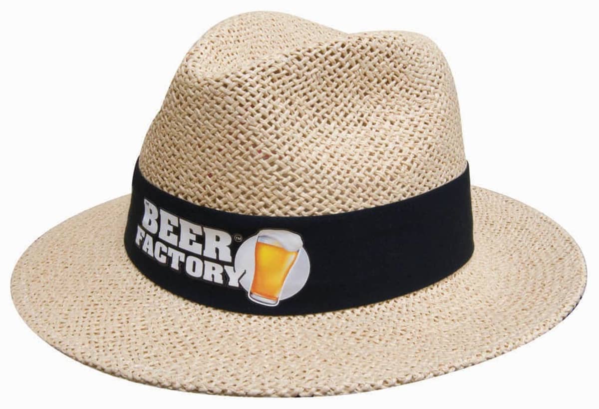 Straw hat with a black band reading Beer Factory and an image of a beer glass.