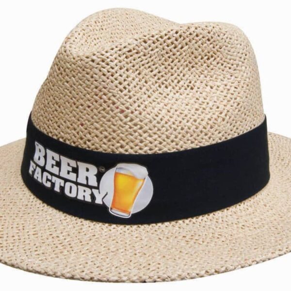 Straw hat with a black band that reads BEER FACTORY and shows a beer glass icon.