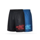 Two pairs of athletic shorts are displayed. One is black with red text reading Background Abstract Halftone, and the other is blue with white text reading the same. Both have an elastic waistband and appear to be made of lightweight fabric.
