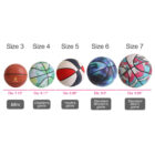 Five basketballs displayed in increasing sizes from left to right: Size 3 (7.13), Size 4 (8.11), Size 5 (8.66), Size 6 (8.9), Size 7 (9.69). Labels: Mini, Childrens game, Youths game, Standard Womens game, Standard Mens game.