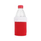 A clear plastic bottle with a red cap is snugly held in a red koozie featuring a white, fluffy trim at the top, resembling a Santa hat. The setup is centered against a plain white background.