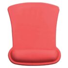 A red ergonomic mouse pad with a built-in wrist rest. The pad has a wide, flat surface and is designed to provide comfort and support while using a computer mouse.