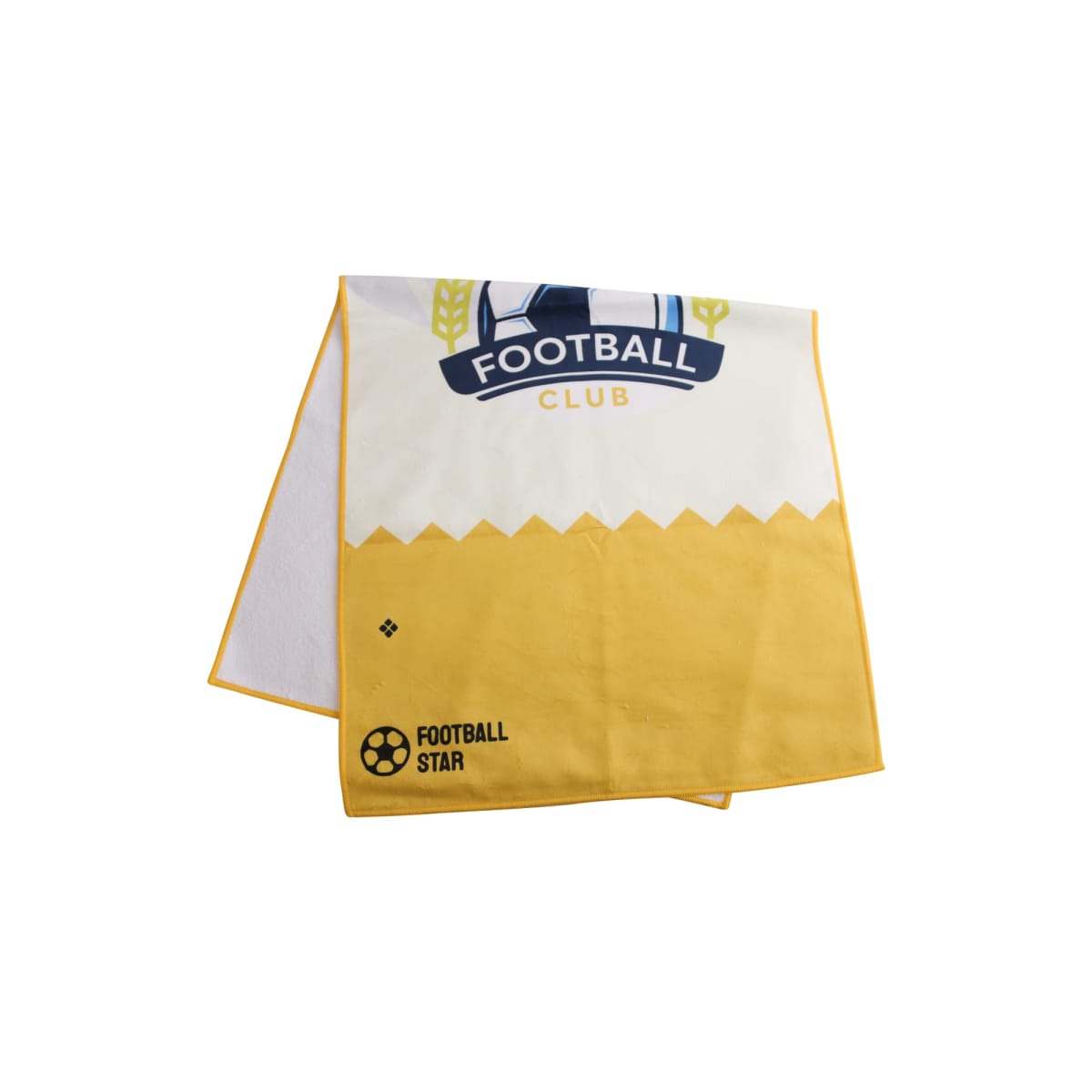 A towel folded neatly with a design featuring the words Football Club at the top and Football Star with a soccer ball icon at the bottom. The towel has a yellow and white color scheme with decorative elements.