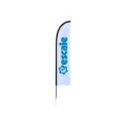 A vertical feather flag with a white background and a black border on the curved edge. The word escale and a logo are printed in blue on the flag. The flag is mounted on a pole.