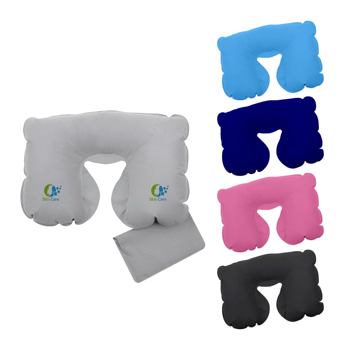 Inflatable travel pillows in white, blue, pink, and black, with a small pouch.